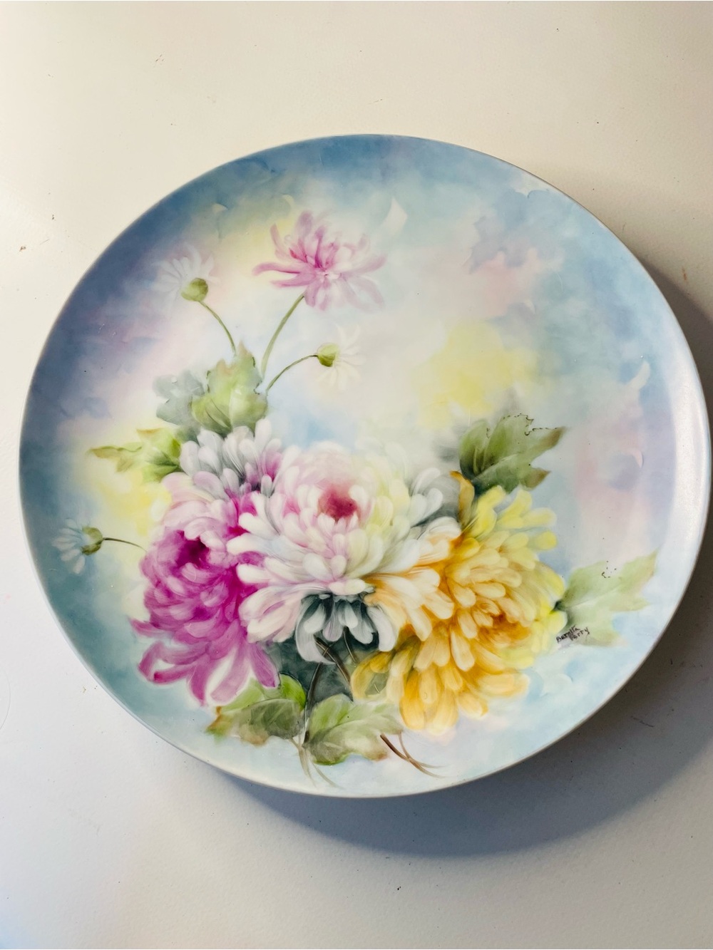 Vintage Hand-Painted Floral Decorative Wall Plate in Pastel Colors Signed